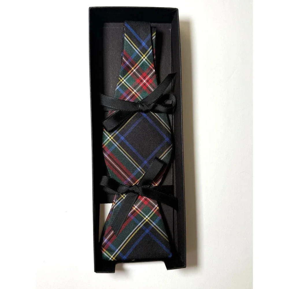 DAVID DONAHUE Men's Adjustable Bow Tie 100% Silk Black/Multi Plaid USA Made‎ EUC